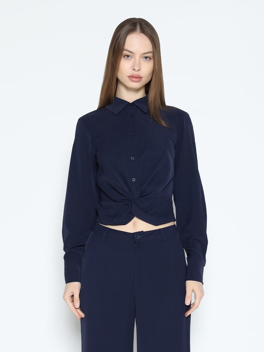 Long Sleeve Button Down Twist Front Shirt TOP Gracia Fashion NAVY S 