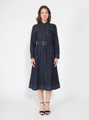 Long sleeve contrast stitch denim midi dress DRESS Gracia Fashion DENIM S 