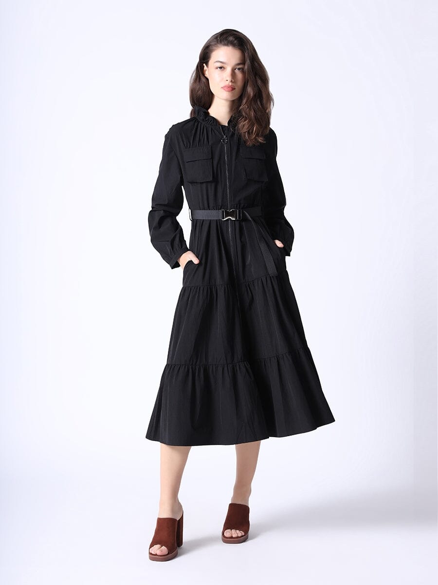 Long Sleeve Loose Elegant Maxi Dress w/ Belt DRESS Gracia Fashion BLACK S 