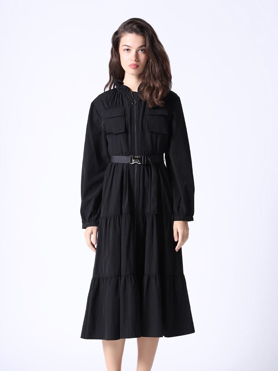 Long Sleeve Loose Elegant Maxi Dress w/ Belt DRESS Gracia Fashion BLACK S 