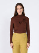 Long Sleeve Mock Neck Flower Applique Top TOP Gracia Fashion BROWN S 