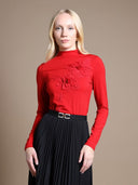 Long Sleeve Mock Neck Flower Applique Top TOP Gracia Fashion RED S 