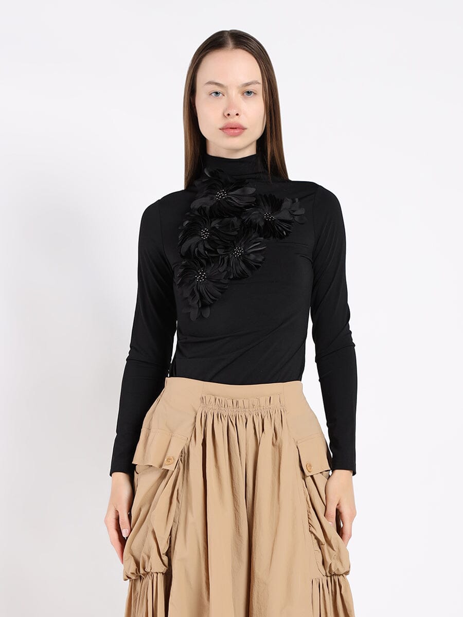 Long Sleeve Mock Neck T-Shirt TOP Gracia Fashion BLACK S 