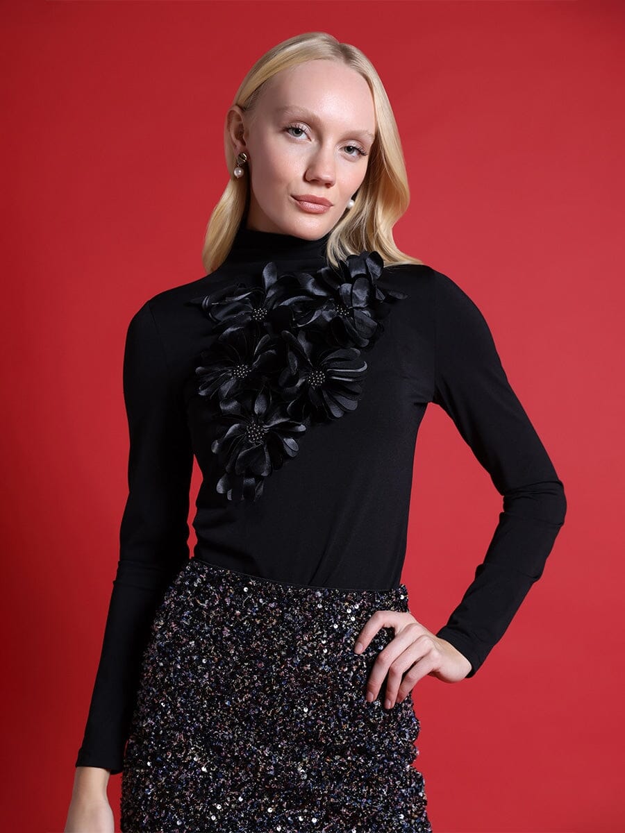 Long Sleeve Mock Neck T-Shirt TOP Gracia Fashion BLACK S 