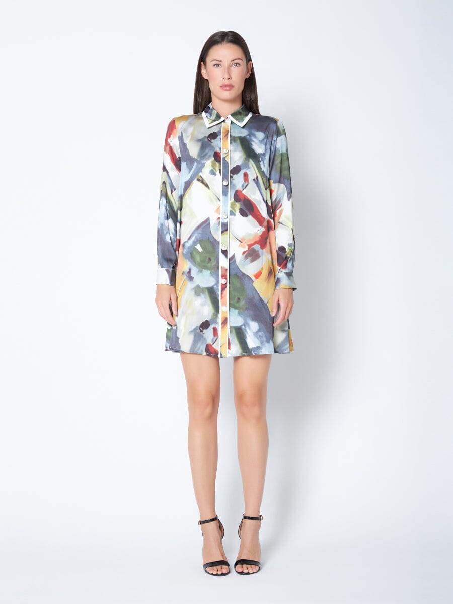Long Sleeve Pearl Button-Down Print Shirt Dress DRESS Gracia Fashion 