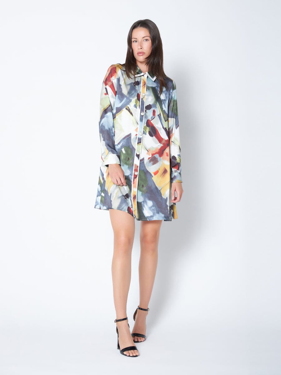 Long Sleeve Pearl Button-Down Print Shirt Dress DRESS Gracia Fashion 