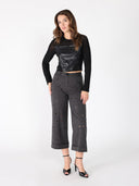 Long Sleeve Round Neck Leather Detailed Top TOP Gracia Fashion 