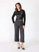 Long Sleeve Round Neck Leather Detailed Top TOP Gracia Fashion 