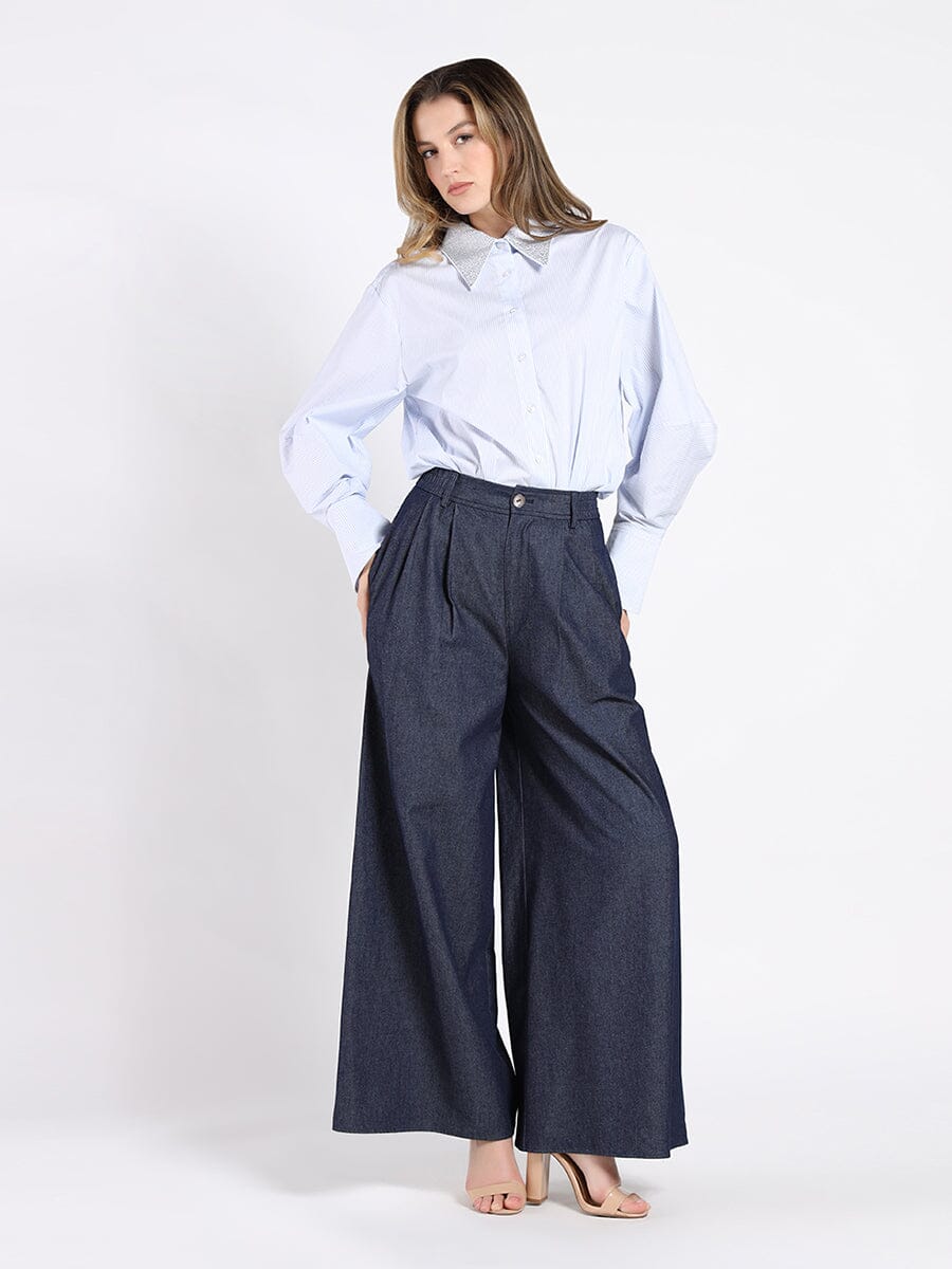 Long Sleeve Shirt with Rhinestone-Studded Collar TOP Gracia Fashion BLUE S 