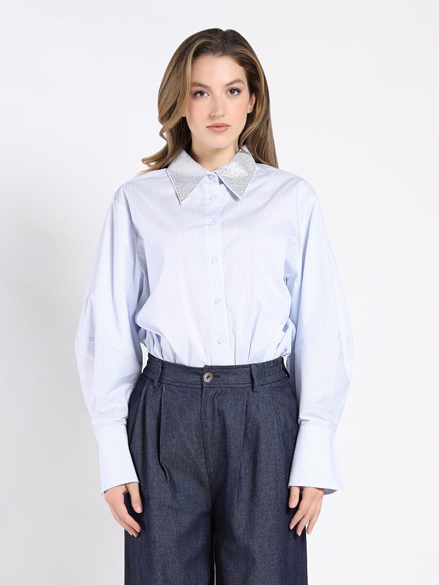 Long Sleeve Shirt with Rhinestone-Studded Collar TOP Gracia Fashion BLUE S 