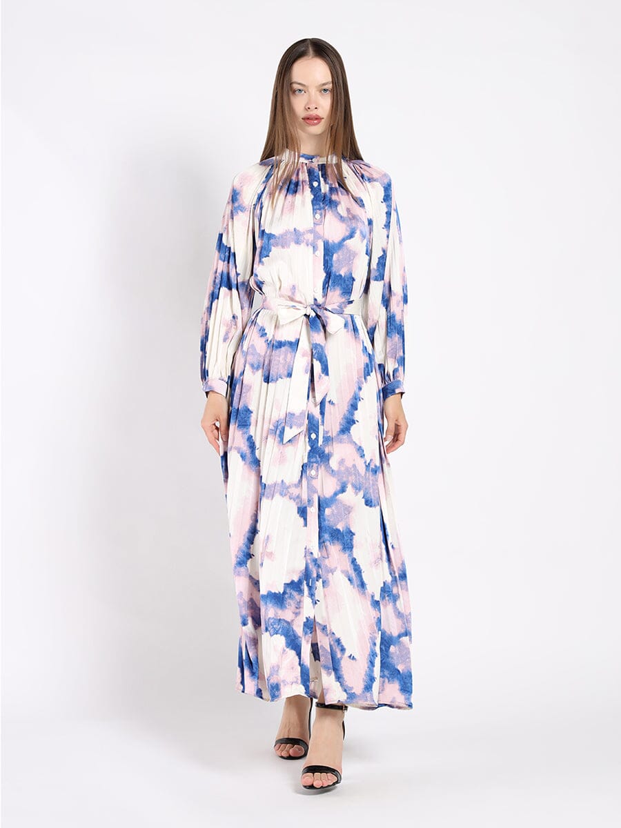 Long Sleeve Tie Belted Graphic Print Pleated Dress DRESS Gracia Fashion LAVENDER S 