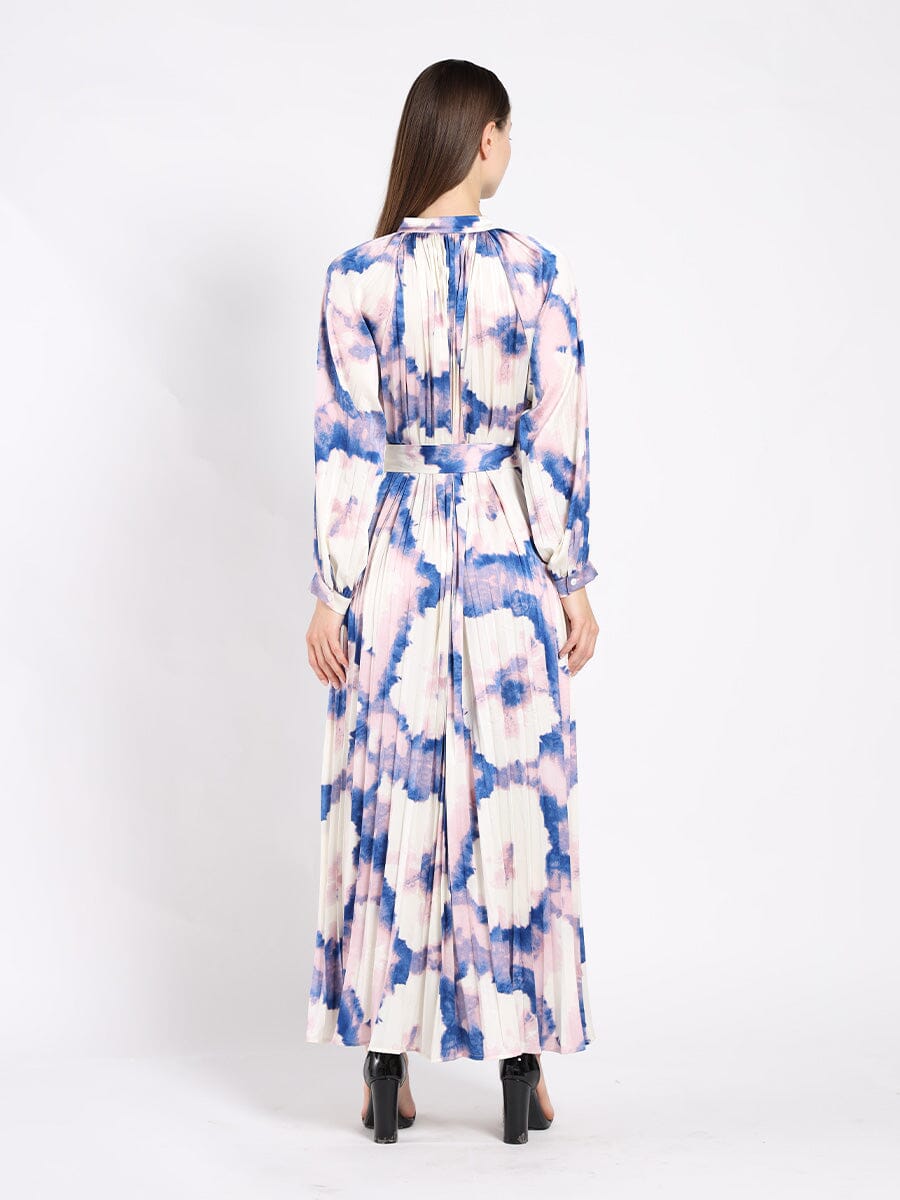 Long Sleeve Tie Belted Graphic Print Pleated Dress DRESS Gracia Fashion 