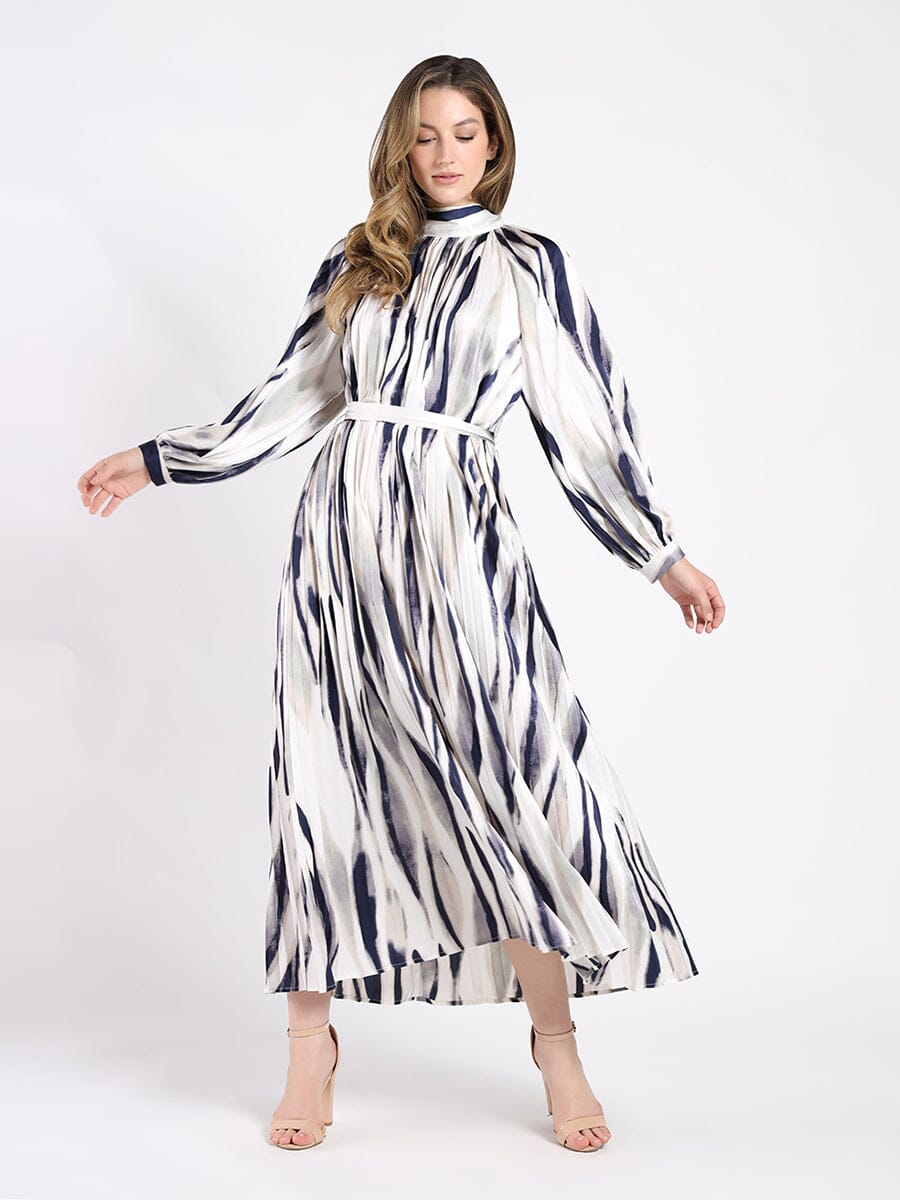 Long Sleeve Tie Belted Graphic Print Pleated Dress DRESS Gracia Fashion NAVY S 