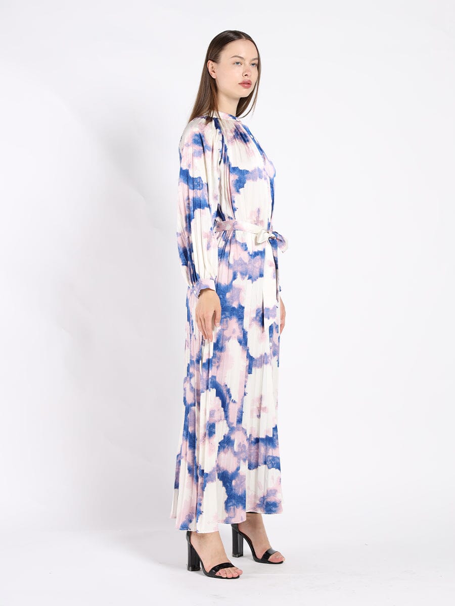 Long Sleeve Tie Belted Graphic Print Pleated Dress DRESS Gracia Fashion 