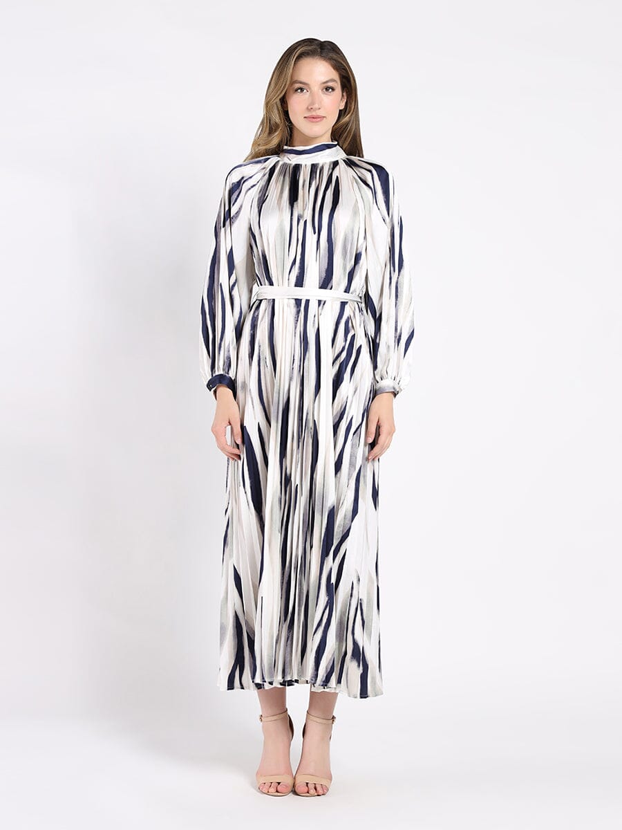Long Sleeve Tie Belted Graphic Print Pleated Dress DRESS Gracia Fashion NAVY S 