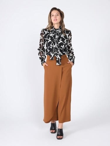 Long Sleeve Tie Neck Print Lace Blouse TOP Gracia Fashion BLACK S 