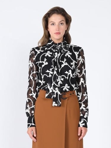 Long Sleeve Tie Neck Print Lace Blouse TOP Gracia Fashion BLACK S 