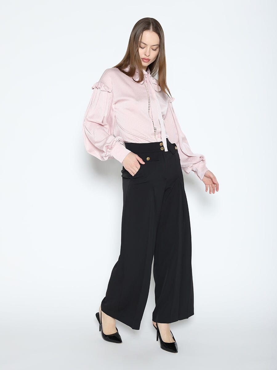 Long Sleeve Tie Neck Satin Stripe Shirt TOP Gracia Fashion PINK S 