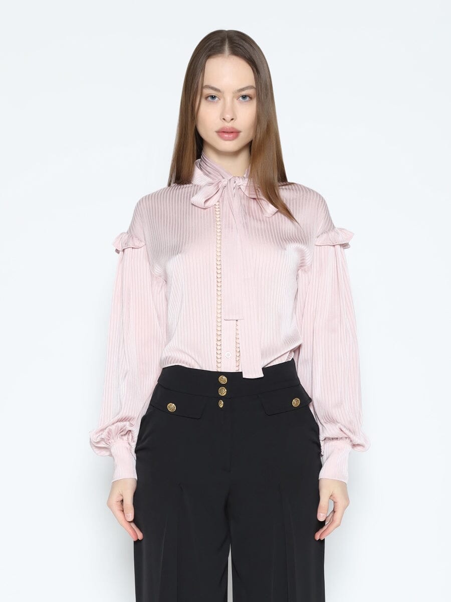 Long Sleeve Tie Neck Satin Stripe Shirt TOP Gracia Fashion PINK S 