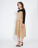 Long Sleeve Two Material Smocked Gathered Dress DRESS Gracia Fashion 