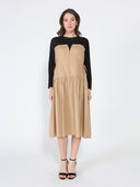 Long Sleeve Two Material Smocked Gathered Dress DRESS Gracia Fashion BEIGE S 