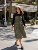 Long Sleeve Two Material Smocked Gathered Dress DRESS Gracia Fashion OLIVE S 