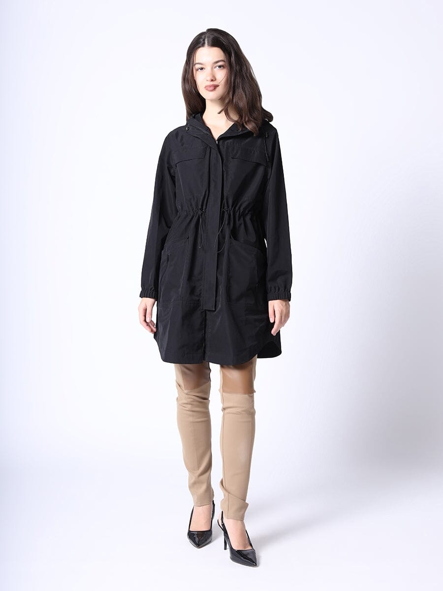Long Sleeves Midi Pockets Jacket with Waist String JACKET Gracia Fashion BLACK S 