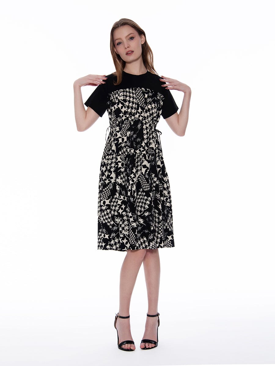 Loose Fit Drawstring Tie Waist Dress DRESS Gracia Fashion BLACK/WHITE S 