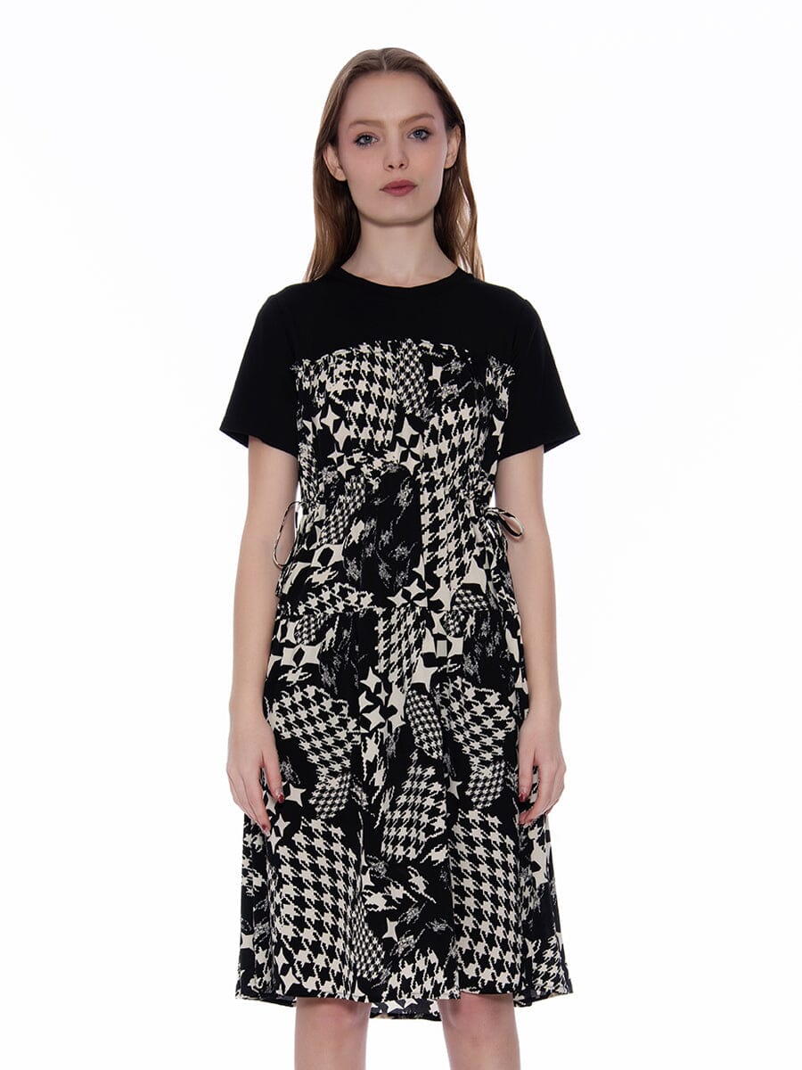 Loose Fit Drawstring Tie Waist Dress DRESS Gracia Fashion BLACK/WHITE S 