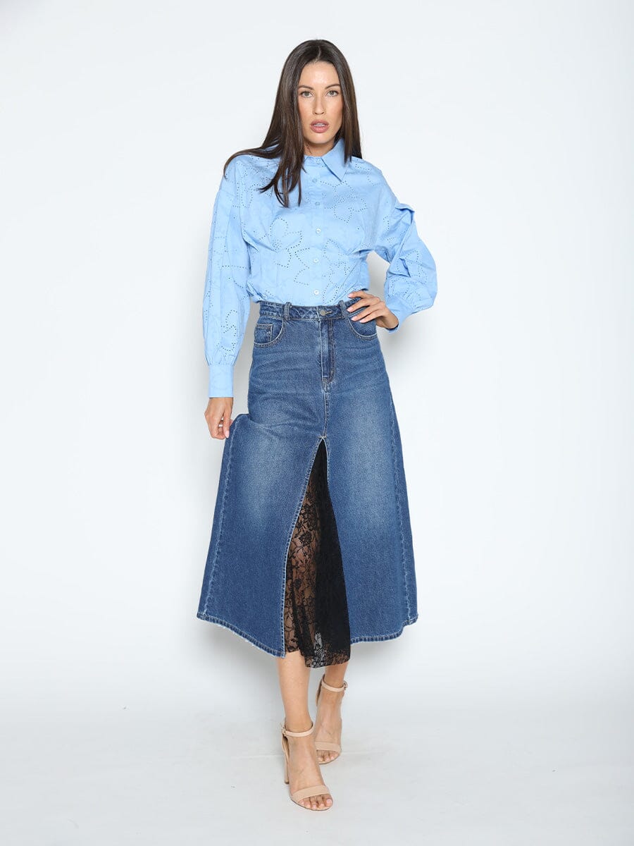 Maxi Denim Skirt with Lace Slit Detail SKIRT Gracia Fashion DENIM S 