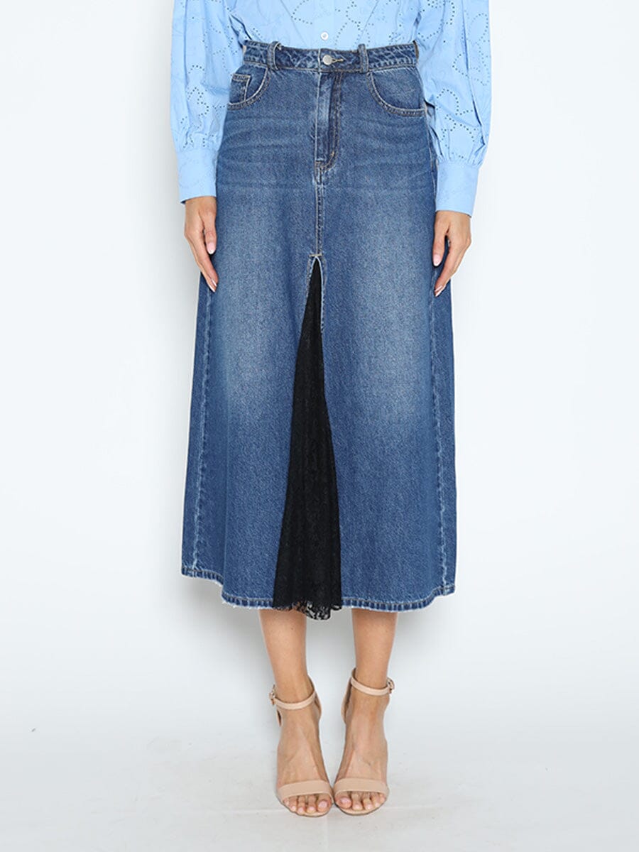 Maxi Denim Skirt with Lace Slit Detail SKIRT Gracia Fashion DENIM S 