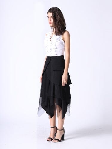 Mesh Contrast Asymmetrical Side Pocket Skirt SKIRT Gracia Fashion 
