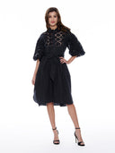 Mesh Embroidered Trim Solid Cotton Belted Dress DRESS Gracia Fashion 