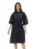 Mesh Embroidered Trim Solid Cotton Belted Dress DRESS Gracia Fashion BLACK S 