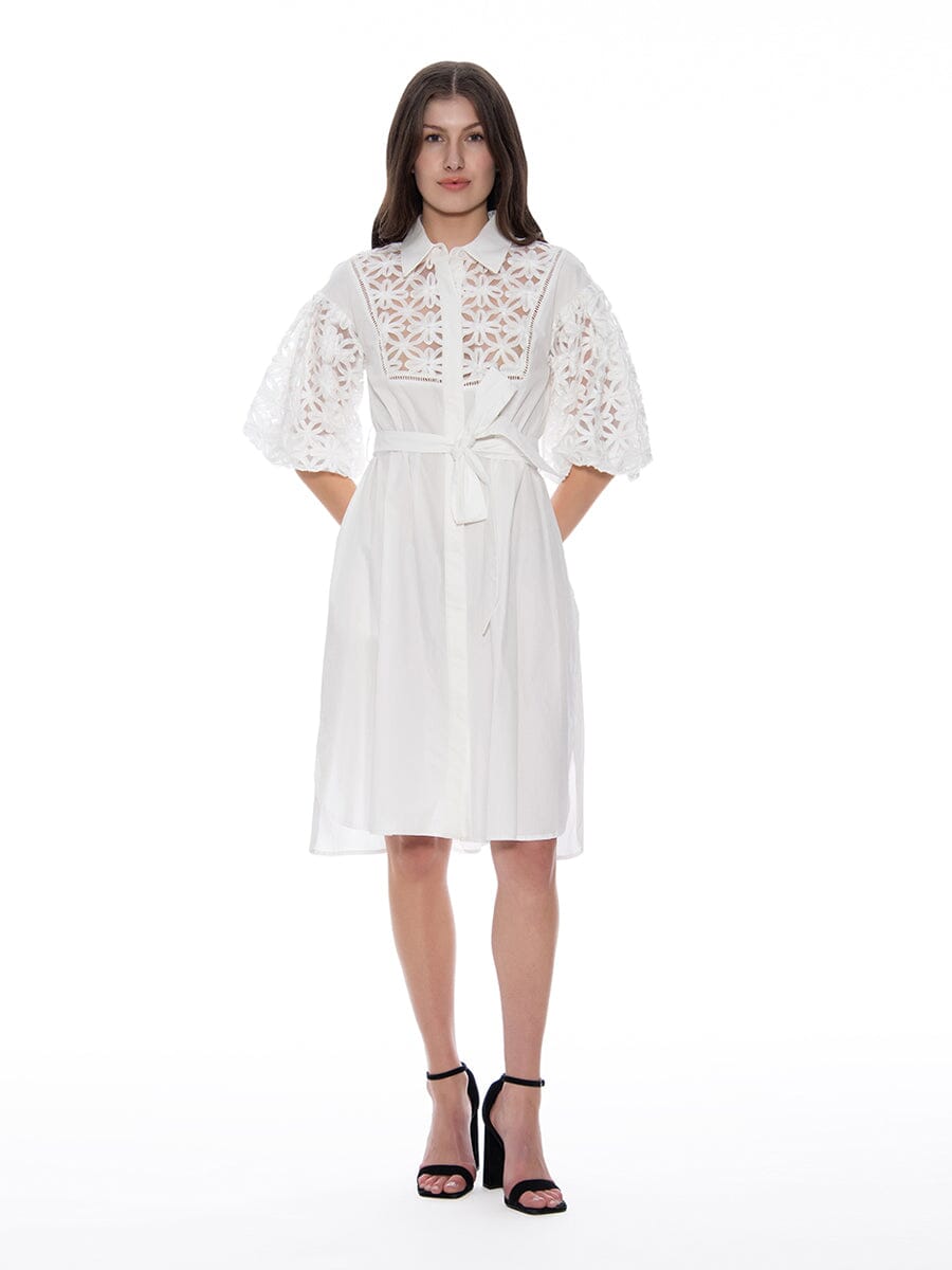 Mesh Embroidered Trim Solid Cotton Belted Dress TOP Gracia Fashion 