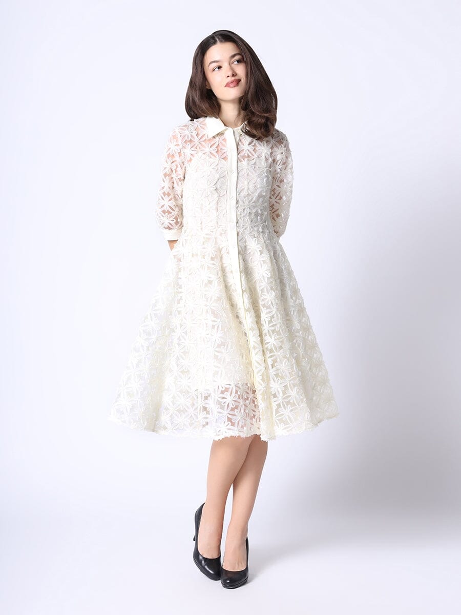 Mesh Embroidery Button-Down A-Line Dress DRESS Gracia Fashion CREME S 
