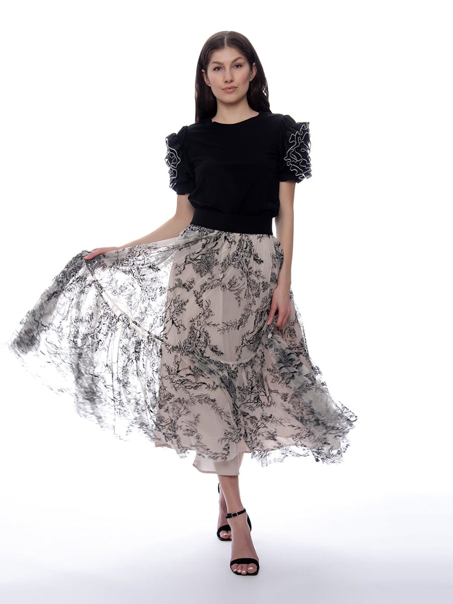 Mesh Floral Print Double Layered Midi Skirt SKIRT Gracia Fashion BEIGE S 