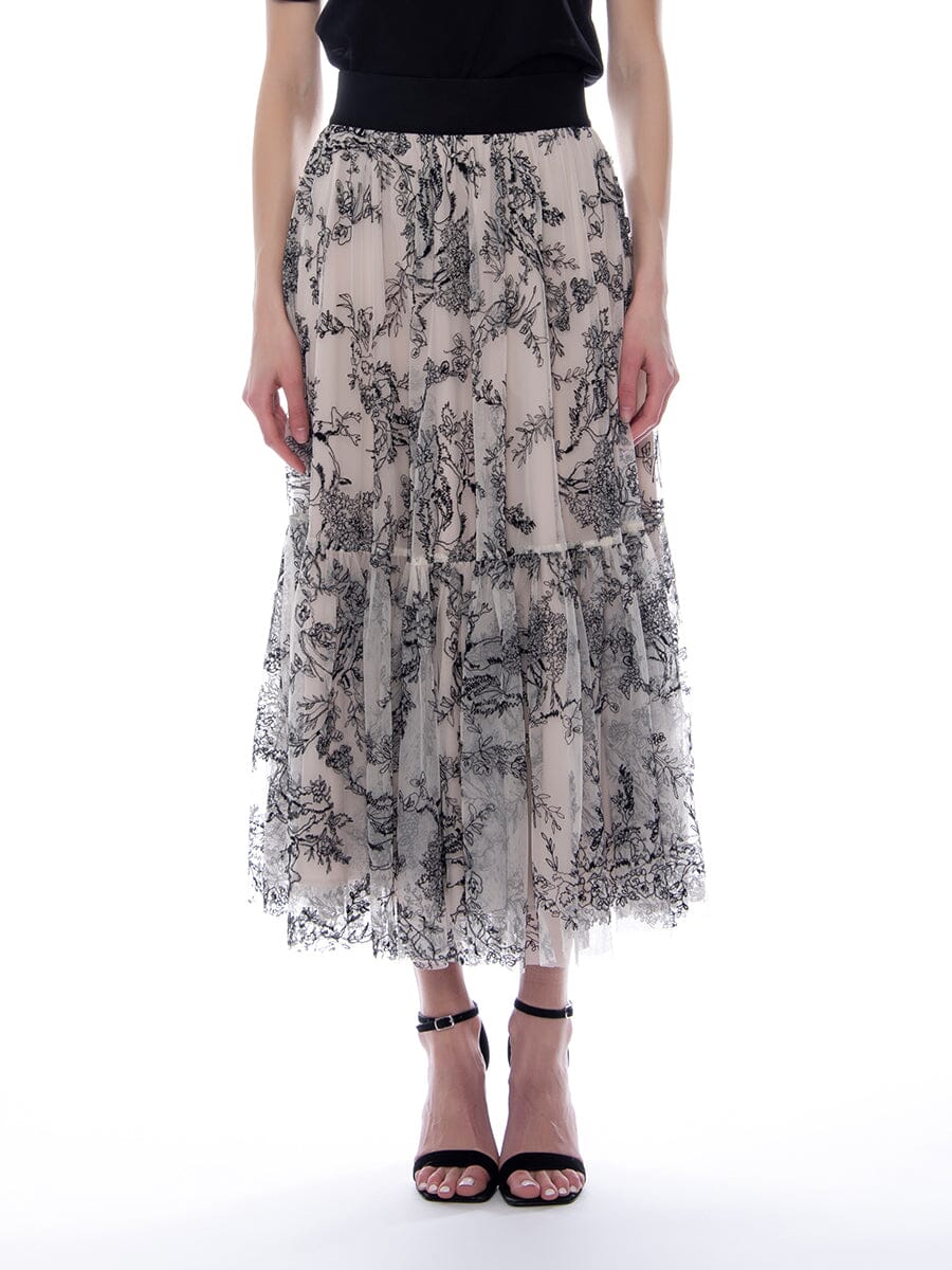 Mesh Floral Print Double Layered Midi Skirt SKIRT Gracia Fashion BEIGE S 