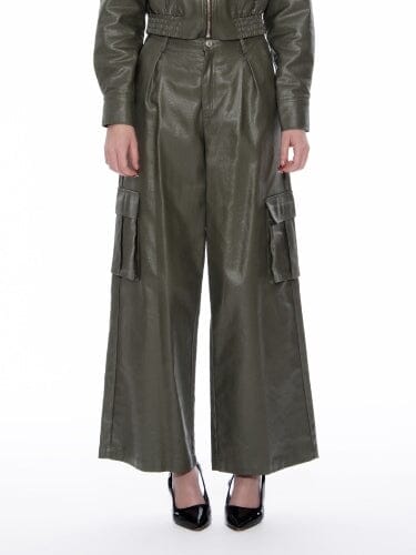 Metalic Denim Woven Cargo Wide-Leg Pants PANTS Gracia Fashion OLIVE S 