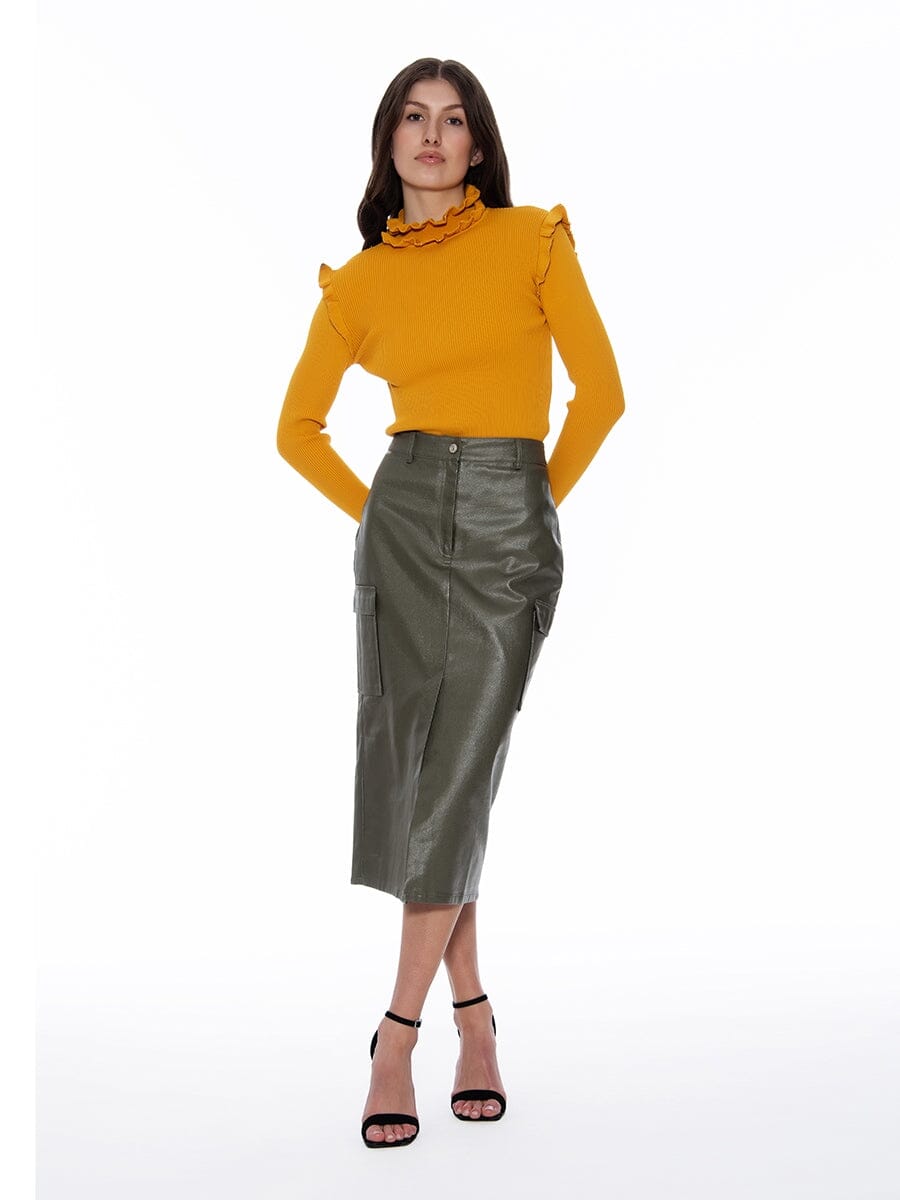 Metalic Shiny Denim Woven Cargo Slit Skirt SKIRT Gracia Fashion OLIVE S 