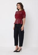 Mixed pleather balloon sleeves peplum top TOP Gracia Fashion 