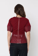 Mixed pleather balloon sleeves peplum top TOP Gracia Fashion 