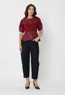 Mixed pleather balloon sleeves peplum top TOP Gracia Fashion 