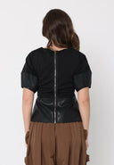 Mixed pleather balloon sleeves peplum top TOP Gracia Fashion 