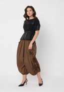 Mixed pleather balloon sleeves peplum top TOP Gracia Fashion 