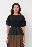 Mixed pleather balloon sleeves peplum top TOP Gracia Fashion BLACK S 