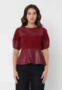 Mixed pleather balloon sleeves peplum top TOP Gracia Fashion BURGUNDY S 