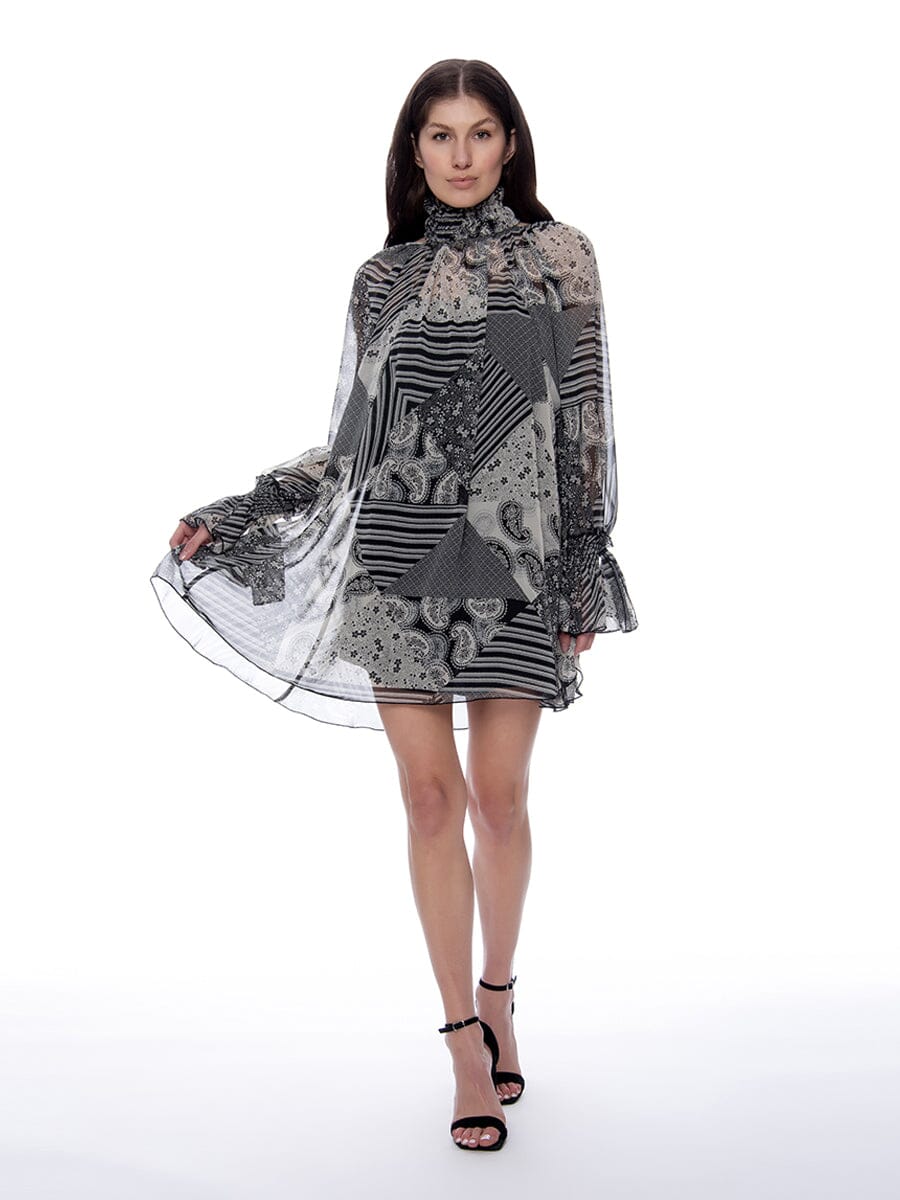 Mock-Neck Long Ruffle Sleeve Print Short Dress DRESS Gracia Fashion BLACK/WHITE S 