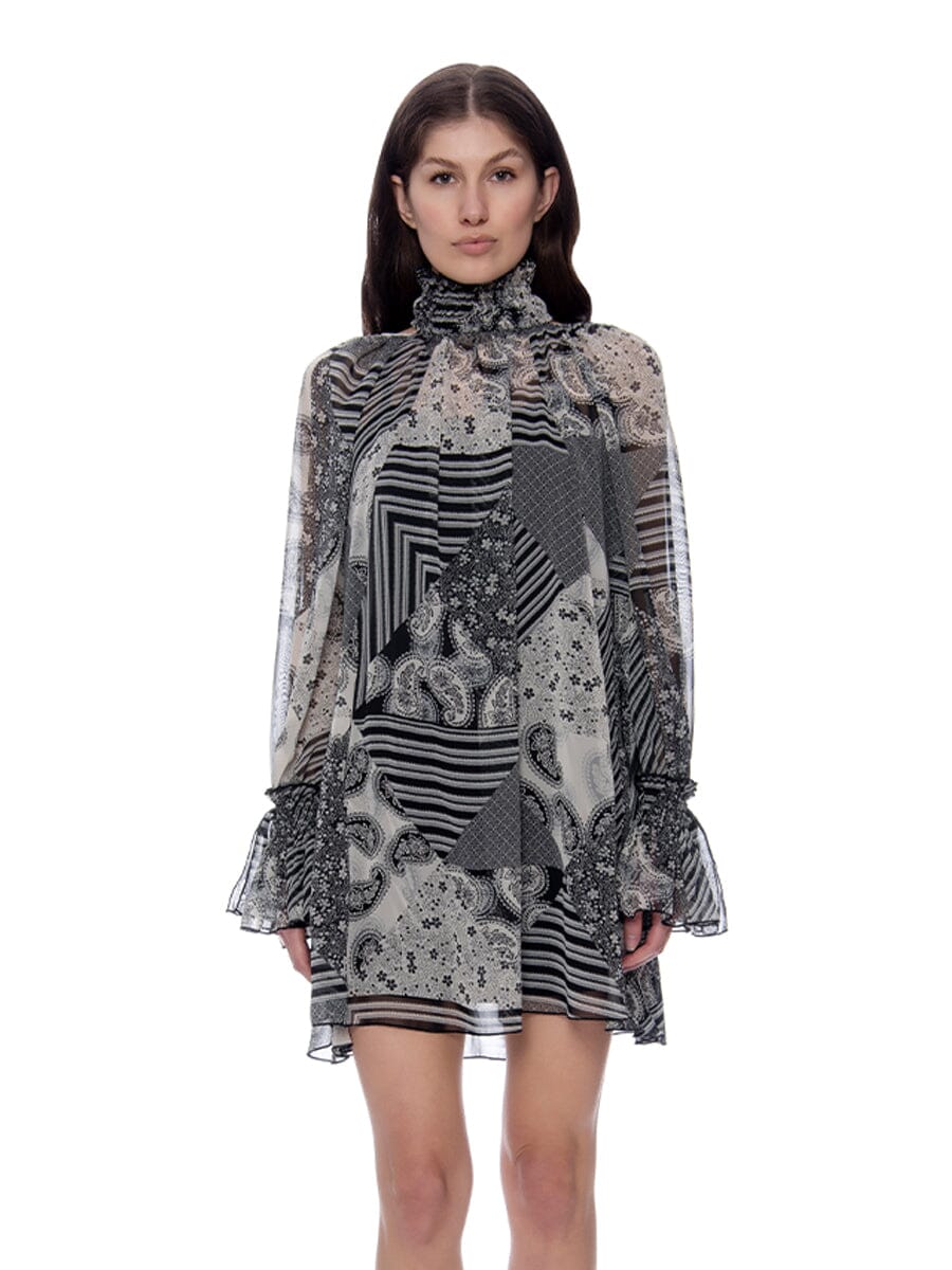 Mock-Neck Long Ruffle Sleeve Print Short Dress DRESS Gracia Fashion BLACK/WHITE S 