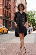 Modern Line Art Face Embroidered Collared Tunic Gracia Fashion BLACK S 